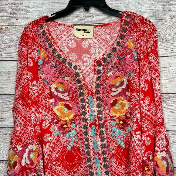 Savanna Jane Pink & Red Floral Embroidered V Neckline Tunic Top Blouse Size 1XL - Picture 3 of 9